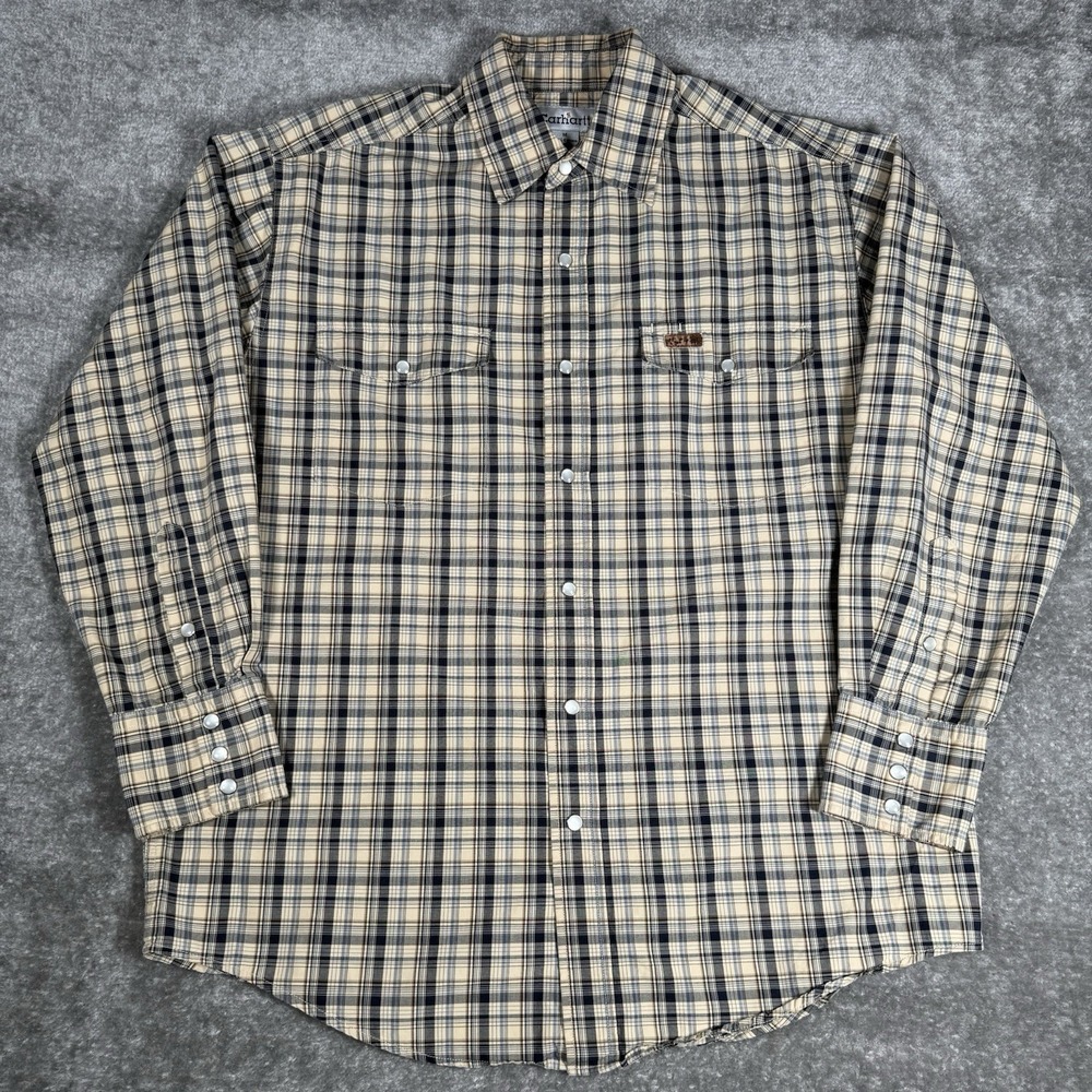 Carhartt Snap Front Shirt Men's Medium Beige Plaid Long Sleeve S140NVY - Picture 2 of 7